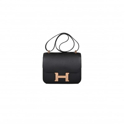 HERMES BLACK CONSTANCE 24 IN EPSOM LEATHER WITH ROSE GOLD HARDWARE (24*18*8cm)